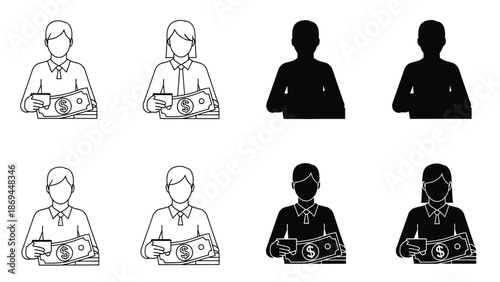 Collection of stylized icons depicting male and female figures holding stacks of cash money and credit cards in various outline and silhouette graphical styles