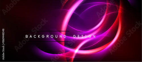 Abstract neon lines create dynamic, glowing circular shapes. Dark background emphasizes vibrant pink, purple hues. Modern design element.