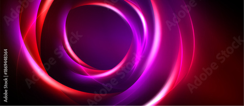 Abstract swirling lights create dynamic, vibrant circular patterns. Deep blacks contrast bright pinks, purples, reds. Modern design element.