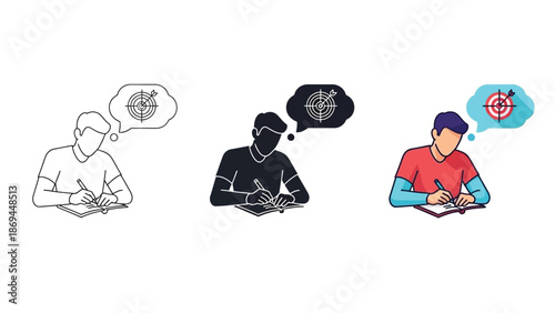 Collection of three stylistic representations showing a person diligently writing in a notebook while intensely focused on achieving a clearly defined goal or target.
