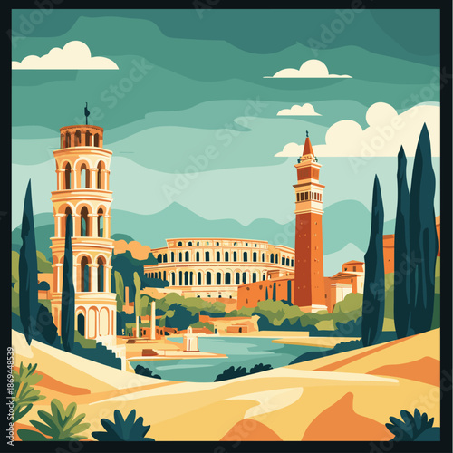 Stylized Illustration of Famous Italian Landmarks