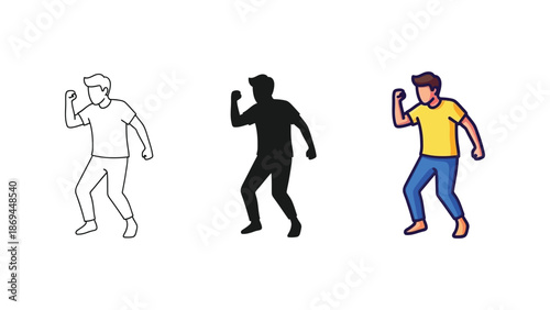 Collection of three male figures depicting a triumphant dance move or enthusiastic victory celebration showing outline silhouette and color versions