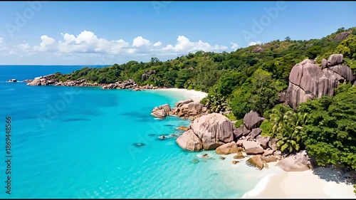 Tropical Paradise Beach with Azure Water Lush Greenery and Granite Boulders Under Bright Sunny Sky in Remote Location