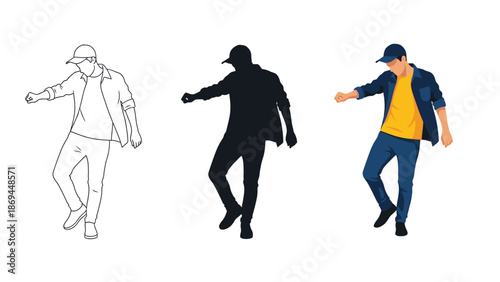 Collection of three stylized male figures showcasing a dynamic dance or street move pose in line art silhouette and full color vector illustration formats