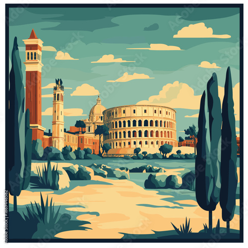 Stylized Illustration of Famous Italian Landmarks