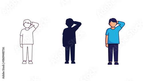Collection of stylized male figures showing a gesture of thinking scratching head confused unsure or seeking an answer in different graphic formats