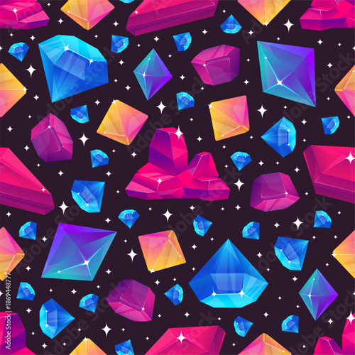 Precious stones seamless pattern. Brilliant crystals. Shiny diamonds. Emeralds or rubies facets. Treasure sapphires. Jewel amethysts. Repeated print. Sparkling quartz. Vector background