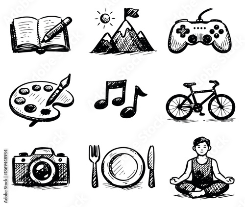 Hand drawn line art lifestyle icons set featuring common hobbies and daily activities for personal interests