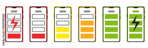 Mobile phone with battery level indicator icons. Full or low accumulator. Electrical power capacity Smartphone screen. Recharge mobile technology. Charging indicator vector symbols set