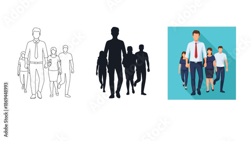 Collection of diverse stylized group silhouettes and line art representing a business team walking together toward a common professional goal