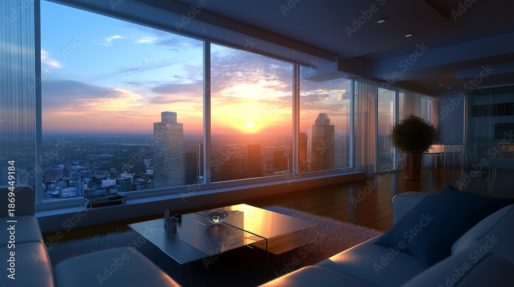 custom made wallpaper toronto digitalModern apartment living room display, city views at sunset visualization, contemporary interior concept, twilight skyline representation, urban dwelling aesthetic, metropolitan liv