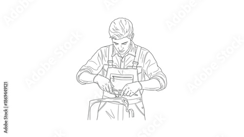 Skilled tradesman wearing overalls and gloves meticulously working on a small metal component using precise hand tools in a focused work setting