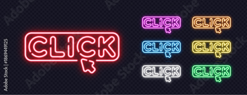 A vivid collection of neon click signs shines in multiple colors and adds a playful tone. Each glowing variant gives the design a dynamic and modern look.