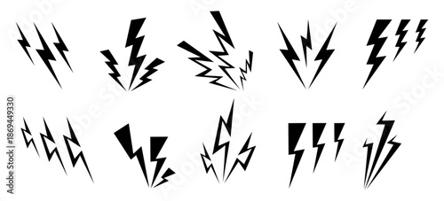 Black lightning bolt icons. Thunderbolt symbols. Electric strikes. Energy charge. Various designs flashes. Thunderstorm blasts. Silhouette power signs vector set on white background