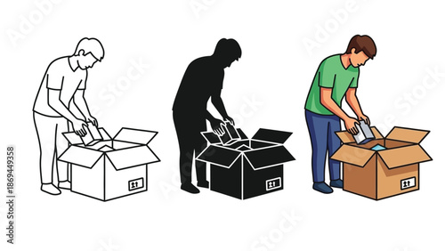 Illustration depicting a person carefully unpacking items from an open cardboard shipping box presented in three distinct visual styles for versatile use