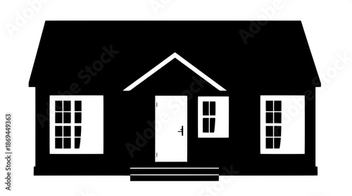 Clean and minimalist flat vector house artwork with simple architecture, featuring black colored walls, crisp white windows, and a sleek white door, all centered symmetrically on a pure white backgrou