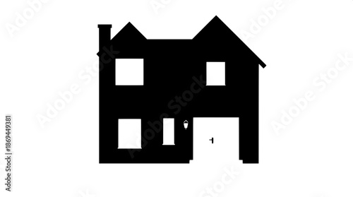 Clean and minimalist flat vector house artwork with simple architecture, featuring black colored walls, crisp white windows, and a sleek white door, all centered symmetrically on a pure white backgrou
