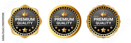 Premium Quality Gold Badge Set – Round Labels with Crown, Stars and Diamond Ring, Best Quality Flat Vector Icons