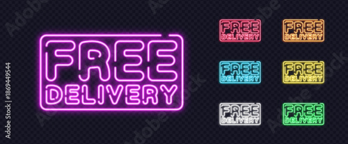 Free Delivery neon lettering in glowing purple style, perfect for announcements, recruitment or event invitations.