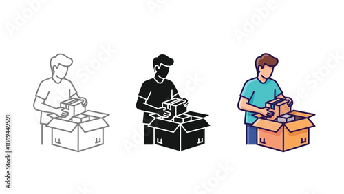 Three different style variations of a person carefully packing small boxes into a larger open cardboard shipping container for delivery or moving purposes.