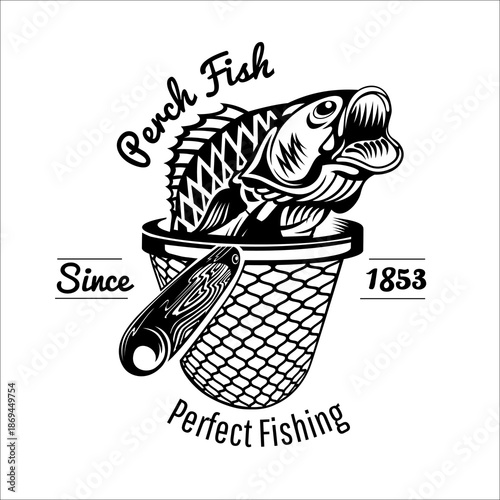 Perch Fish in Landing Net Monochrome Vector Illustration