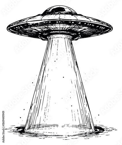 Hand drawn line art illustration of a UFO depicting a light beam for science fiction concepts