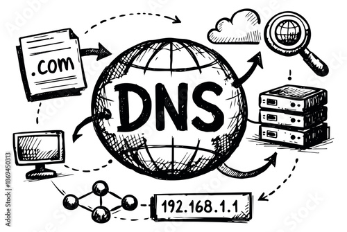 Hand drawn line art DNS concept set featuring global domain name system resolution and network connections for internet technology explanations