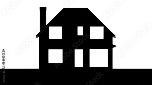 Vector silhouette of a modern house with a sleek black body, accented with white windows and a white door, characterized by straight lines and a simple roof, presented in a front elevation view, empha