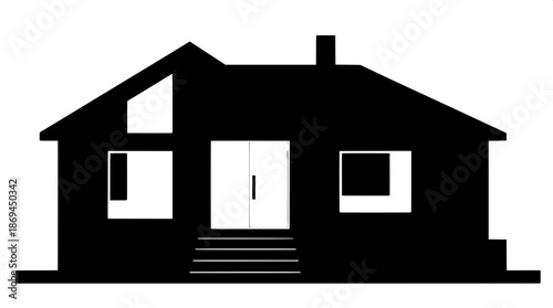 Vector silhouette of a modern house with a sleek black body, accented with white windows and a white door, characterized by straight lines and a simple roof, presented in a front elevation view, empha