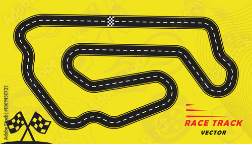 Creative vector illusion of race track isolated on yellow background. Speed race track design with creative icons.