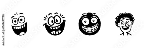 Smiling Faces In Hand Drawn Style Set. Expressive Cartoon Emotions, Joyful And Happy Doodle Sketch Collection. Playful Character Illustrations. Isolated Vector Illustration