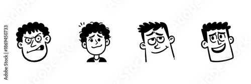 Cartoon Male Faces Expressing Emotions In Hand Drawn Style Set. Anger, Confusion, Smugness, Happiness Doodle Sketch Collection. Character Design Elements. Isolated Vector Illustration