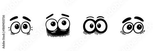 Cartoon Eyes Expressions In Hand Drawn Style Set. Emotional Reactions, Surprise, Curiosity, And Amusement Doodle Sketch Collection. Facial Expression Variations. Isolated Vector Illustration