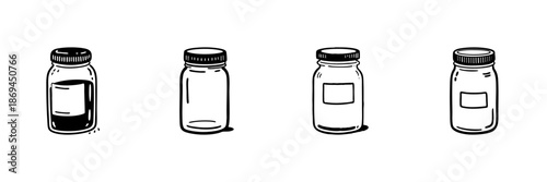 Glass Jars With Lids In Hand Drawn Style Set. Storage, Preservation, And Organization Doodle Sketch Collection. Kitchen And Pantry Essentials. Isolated Vector Illustration