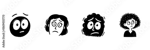 Anxious And Worried Faces In Hand Drawn Style Set. Emotional Expression, Anxiety, Stress, Concern Doodle Sketch Collection. Facial Reactions, Mental Health Awareness. Isolated Vector Illustration