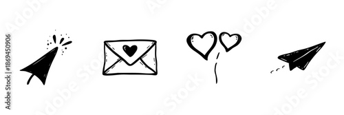 Megaphone, Love Letter, Heart Balloons, And Paper Airplane In Hand Drawn Style Set. Communication, Romance, Celebration, And Creativity Doodle Sketch Collection. Isolated Vector Illustration
