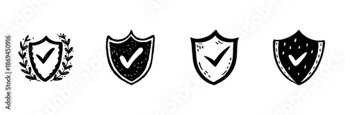 Shield With Check Mark In Hand Drawn Style Set. Security, Protection, Trust Assurance Doodle Sketch Collection. Safety And Reliability Symbols. Isolated Vector Illustration