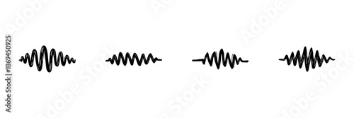 Sound Waveforms In Hand Drawn Style Set. Audio Frequency, Music Vibration, Soundwave Representation Doodle Sketch Collection. Acoustic Signal Patterns. Isolated Vector Illustration