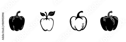 Bell Pepper Illustrations In Hand Drawn Style Set. Fresh Vegetable, Healthy Eating, Organic Food Doodle Sketch Collection. Culinary Ingredient Art. Isolated Vector Illustration
