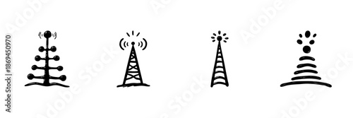 Radio And Communication Towers In Hand Drawn Style Set. Wireless Signal Transmission, Broadcasting, Telecommunication Doodle Sketch Collection. Network Connectivity. Isolated Vector Illustration