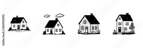 Charming Cottage Houses In Hand Drawn Style Set. Rustic Architecture, Cozy Home Design Doodle Sketch Collection. Vintage Countryside Living. Isolated Vector Illustration