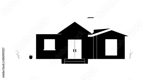 Minimal monochrome house illustration in flat design style with bold black shapes and crisp white accents, lacking any background elements, featuring clean lines, geometric forms, and a simplistic com