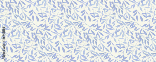 Seamless vector pattern with soft blue leafy branches on light background. Elegant botanical foliage design for textiles, wallpapers, fabric, wrapping paper and modern decor art.