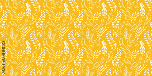 Seamless vector pattern with graceful leaf branches on a vibrant yellow background. Delicate botanical motifs create a natural, elegant feel  for textiles, wallpapers, packaging, modern design