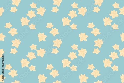 Seamless vector pattern with soft cream stylized leaves scattered on light turquoise background. Minimal botanical repeating design for fabric, wallpaper, packaging and decor art