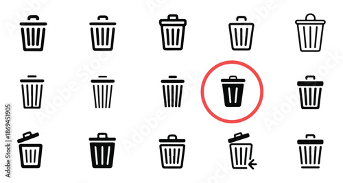Garbage bin vector icons for waste disposal and recycling cleanup projects with various can styles