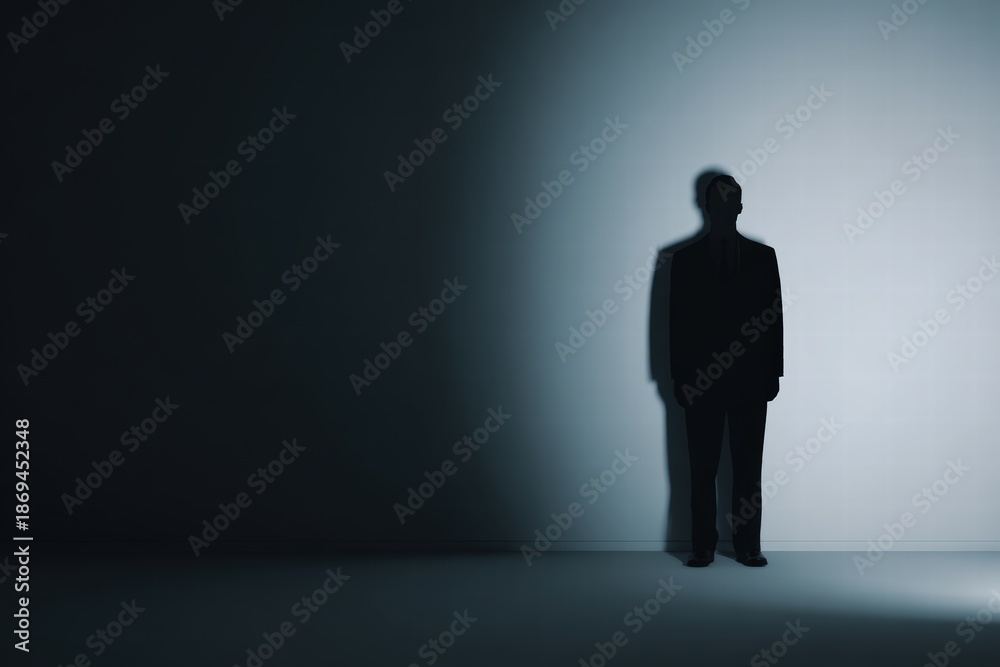 Fototapeta premium Silhouette of a Businessman Standing in a Dim Studio with Spotlight and Long Shadow