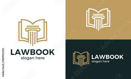 Creative law book logo design template illustration. Book concept vector design with pillar symbol graphic