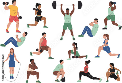 Diverse people performing strength training exercises including weightlifting lunges squats and jumping rope in flat vector illustration style,