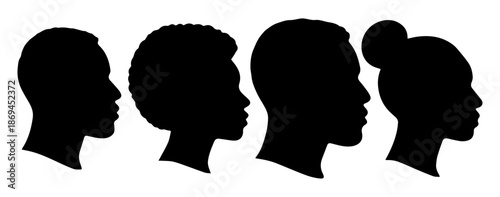 Silhouettes of Diverse Human Faces and Profiles, Minimalist Side Views Representing People of Different Genders and Ethnicities